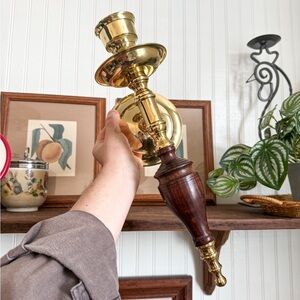 Vintage Brass and Wood Candle Holder Sconce